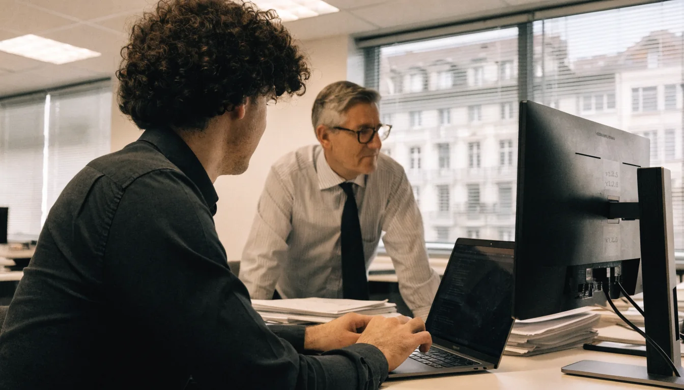 Entwickler und Compliance‑Officer prüfen Software‑Änderungen